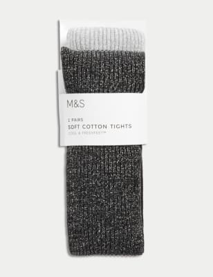 

M&S Collection Pack de 2 pares de medias acanaladas de algodón con brillos (2-14 años) - Grey Mix, Grey Mix