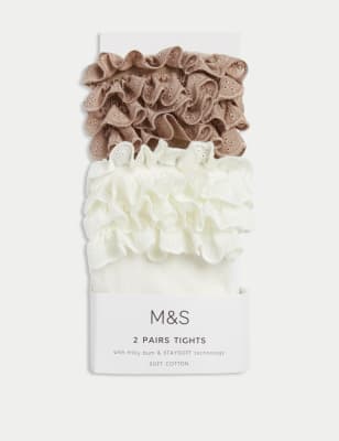 

M&S Collection 2er-Pack Strumpfhosen mit hohem Baumwollanteil und Rüschen (0-24 Monate) - Ivory Mix, Ivory Mix