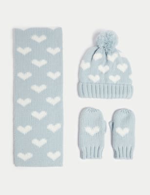 

Girls M&S Collection Kids' Heart Hat, Scarf and Mitten Set (1-6 Yrs) - Blue Mix, Blue Mix