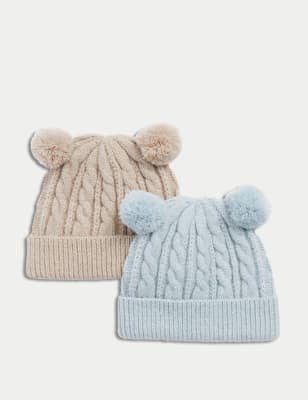 

Unisex,Boys,Girls M&S Collection Kids' 2pk Cable Knit Winter Hats (0-3 Yrs) - Light Blue Mix, Light Blue Mix