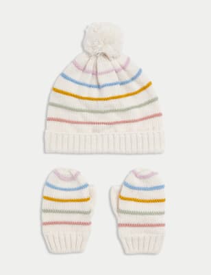 

Girls M&S Collection Kids' Striped Hat and Mitten Set (0-3 Yrs) - Ecru, Ecru