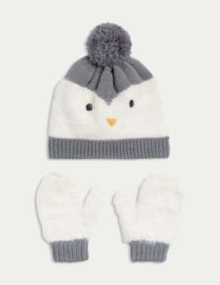

M&S Collection Conjunto infantil de manoplas y gorro de pingüinos (0-3 años) - Grey Mix, Grey Mix