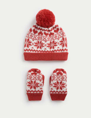 

Unisex,Boys,Girls M&S Collection Kid's Cotton Rich Hat and Mitten Set (3 Mths-3 Yrs) - Red, Red