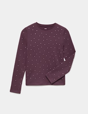 Girls M&S Diamanté Long Sleeve Top (6-16 Yrs), Blackberry