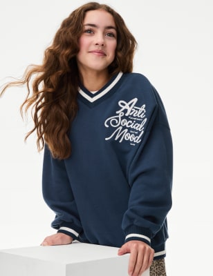 

M&S Collection Sweatshirt mit hohem Bauwollanteil und Schriftzug (6-16 J.) - Navy, Navy