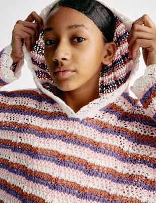 

Girls M&S Collection Cotton Blend Striped Knitted Hoodie (6-16 Yrs), Ivory Mix