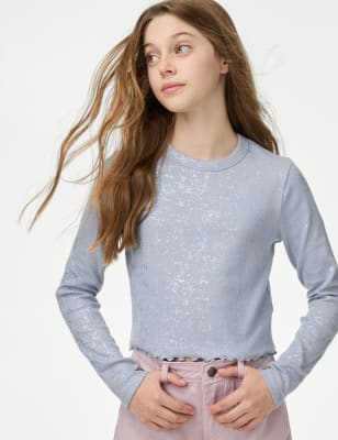 

Girls M&S Collection Cotton Rich Foil Ribbed Top (6-16 Yrs) - Light Slate, Light Slate