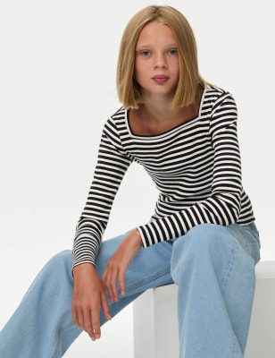 

Girls M&S Collection Cotton Rich Striped Ribbed Top (6-16 Yrs) - Black Mix, Black Mix