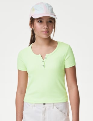 

M&S Collection Camiseta de algodón acanalada con botonadura (6-16 años) - Lime, Lime