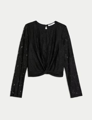 

Girls M&S Collection Twist Front Lace Top (6-16 Yrs) - Black, Black