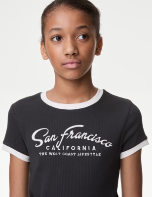 

M&S Collection T-Shirt mit hohem Baumwollanteil, Rippenmuster und Schriftzug (6-16 J.) - Charcoal, Charcoal