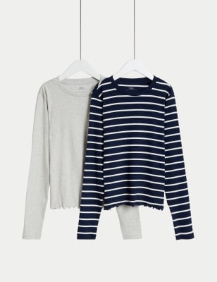 

Girls M&S Collection 2pk Cotton Rich Striped Ribbed Tops (6-16 Yrs) - Navy Mix, Navy Mix