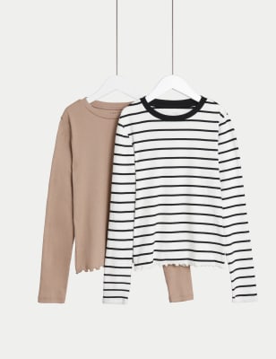 

Girls M&S Collection 2pk Cotton Rich Striped Ribbed Tops (6-16 Yrs) - Neutral, Neutral