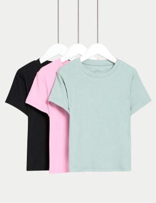 

Girls M&S Collection 3pk Cotton Rich Ribbed T-Shirts (2-16 Yrs), Green Mix