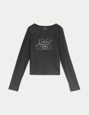 

M&S Collection Top de algodón con gráfico de gato (2-16 años) - Black, Black