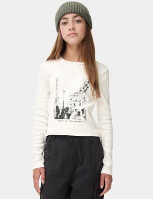 

Girls M&S Collection Cotton Rich NYC Graphic Ribbed Top (6-16 Yrs) - Ecru, Ecru