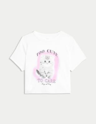 

M&S Collection Camiseta de algodón con eslogan de gato (2-16 años) - White, White