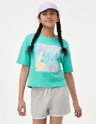 

M&S Collection T-Shirt aus reiner Baumwolle mit Blumenmuster (6-16 J.) - Aqua, Aqua
