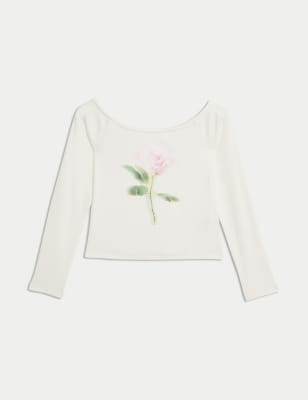 

M&S Collection Geripptes Bardot-Top mit hohem Baumwollanteil und Rosenmotiv (6-16 J.) - Ecru, Ecru