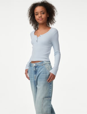 

M&S Collection Top de algodón acanalado con botones (6-16 años) - Blue, Blue