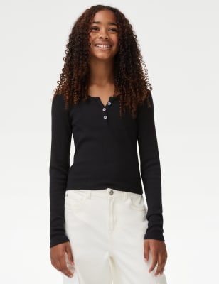 

Girls M&S Collection Cotton Rich Button Ribbed Top (6-16 Yrs) - Black, Black