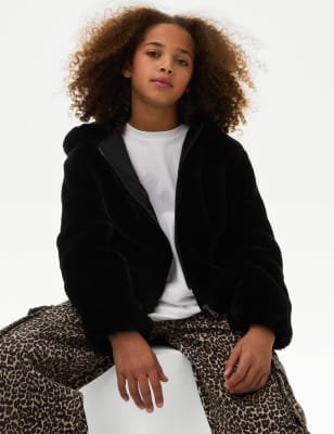 

M&S Collection Kunstfell-Bomberjacke mit Kapuze - Black, Black
