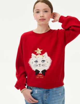 

Girls M&S Collection Festive Cat Knitted Jumper (6-16 Yrs) - Red, Red