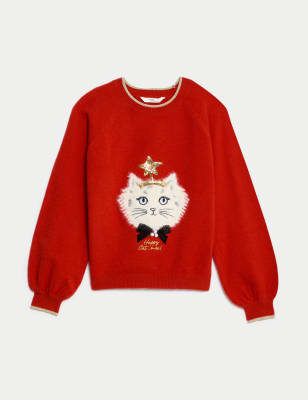 

Girls M&S Collection Festive Cat Knitted Jumper (6-16 Yrs) - Red, Red