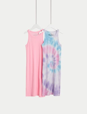 

M&S Collection 2er-Pack gerippte Kleider mit hohem Baumwollanteil und Batikmuster (6-16 J.) - Multi, Multi