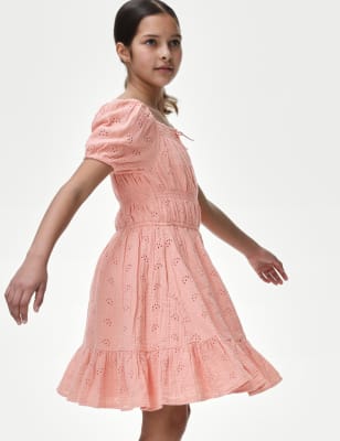 

M&S Collection Kleid aus reiner Baumwolle mit Lochstickerei (6-16 J.) - Coral, Coral