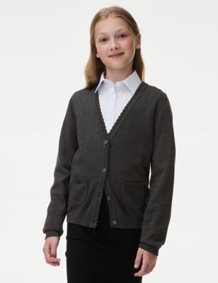 M&S Collection Girls Pure Cotton School Cardigan (2-18 Yrs) - 14-15 - Grey, Red,Grey,Navy