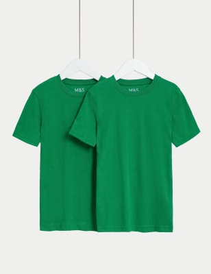 M&S Collection 2 Pack Unisex Pure Cotton School T-Shirts (2-16 Yrs) - 15-16 - Emerald, Emerald,Pale 