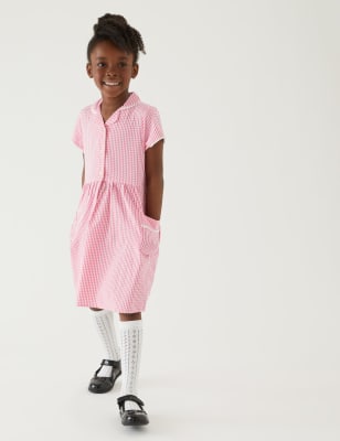 M&S Collection Girls Pure Cotton Gingham School Dress (2-14 Yrs) - 6-7 Y - Mid Blue, Mid Blue,Yellow