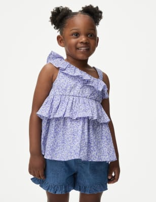 

Girls M&S Collection Pure Cotton Frill Blouse (2-8 Yrs) - Blue Mix, Blue Mix