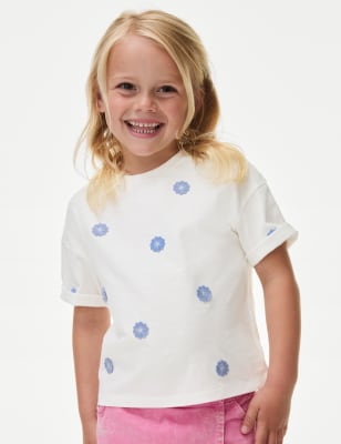 

M&S Collection Camiseta floral de algodón con aplique (2-8 años) - Ivory Mix, Ivory Mix