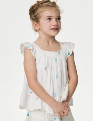 

M&S Collection Besticktes Oberteil aus reiner Baumwolle (2-8 J.) - White, White