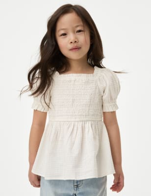 

Girls M&S Collection Pure Cotton Shirred Top (2-8 Yrs) - White, White