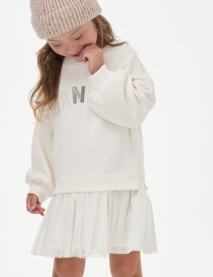 

M&S Collection Kleid mit hohem Baumwollanteil und Dance-Schriftzug (2-8 J.) - Ecru, Ecru