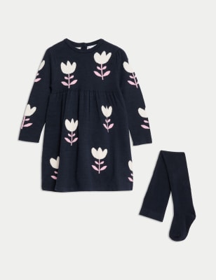 

Girls M&S Collection Knitted Floral Dress with Tights (2-8 Yrs) - Navy Mix, Navy Mix