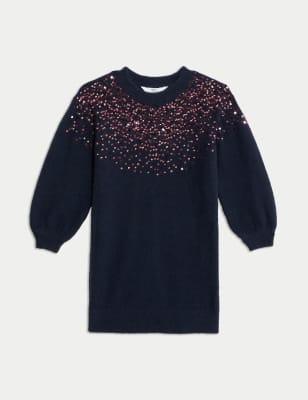 

Girls M&S Collection Sequin Knitted Dress With Tights (2-8 Yrs) - Navy, Navy