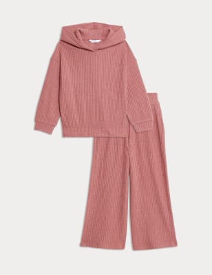 

Girls M&S Collection 2pc Ribbed Hoodie & Wide Leg Trouser Outfit (2-8 Yrs) - Pink, Pink