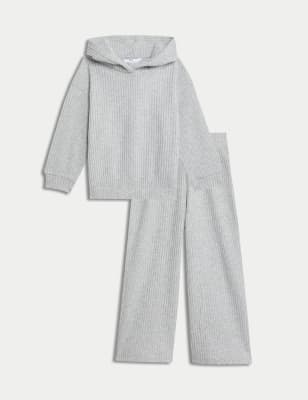 

Girls M&S Collection 2pc Ribbed Hoodie & Wide Leg Trouser Outfit (2-8 Yrs) - Grey, Grey