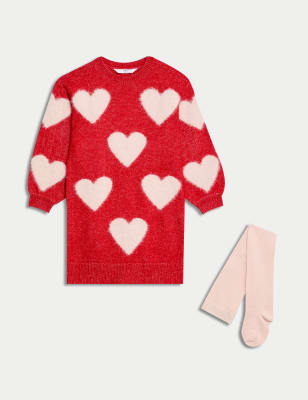 

Girls M&S Collection Heart Knitted Dress with Tights (2-8 Yrs) - Red, Red