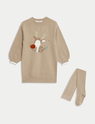 

Girls M&S Collection 2pc Reindeer Knitted Dress with Tights (1-8 Yrs) - Ecru, Ecru