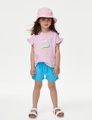 M&S Girls Pure Cotton Runner Shorts (2-8 Yrs) - 3-4 Y - Turquoise, Turquoise,Bright Pink,Purple