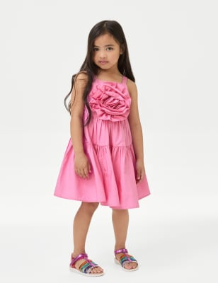 

Girls Pure Cotton Rosette Dress (2-8 Yrs) - Pink, Pink