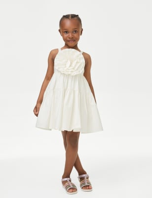 

Girls Pure Cotton Rosette Dress (2-8 Yrs) - Ivory, Ivory