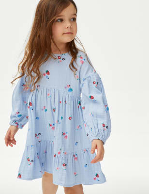 

M&S Collection Vestido 100% algodón floral en capas (2-8 años) - Blue Mix, Blue Mix
