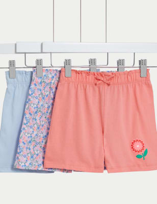 

M&S Collection 3er-Pack Shorts aus reiner Baumwolle, mit Blumenmuster und einfarbig (2-8 Jahre) - Multi, Multi
