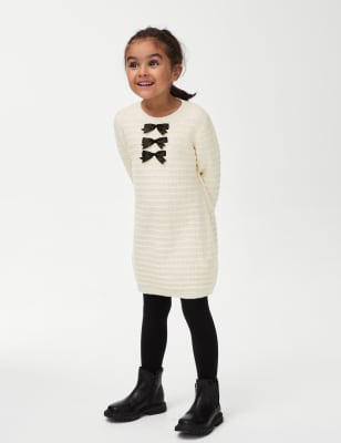 

Girls M&S Collection Bow Knitted Dress with Tights (2-8 Yrs) - Ecru, Ecru